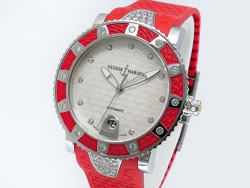 Ulysse Nardin Lady Diver Red Bezel w/Diamonds 8103 101E 3C/10.16 Stainless Steel Mother of Pearl dial 40mm $12,400