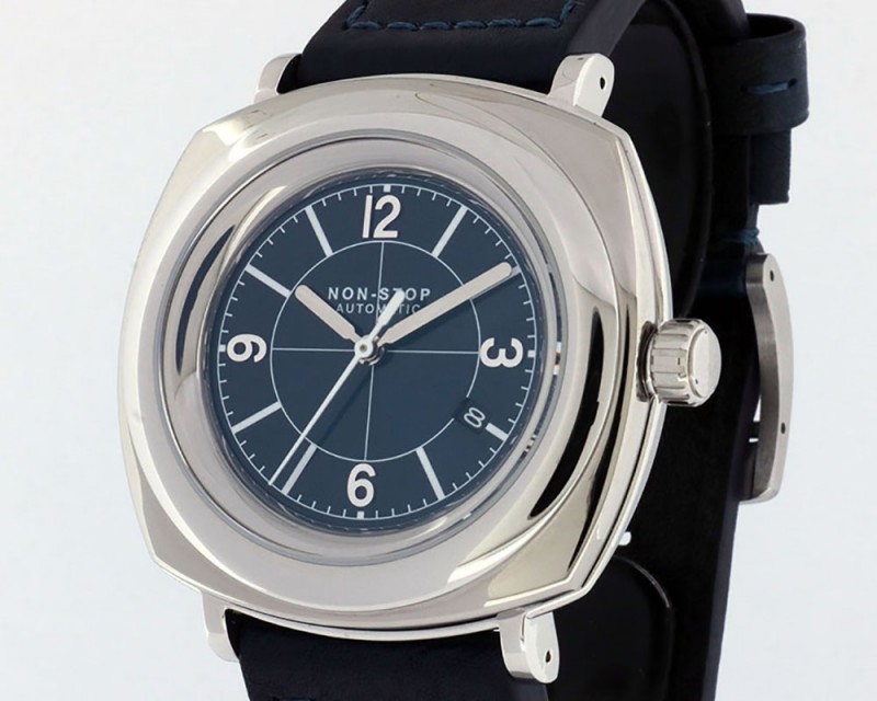 NON-STOP WATCHES DESIGNED IN LOS ANGELES, CUSHION SILVER NAVY (SNSW) T5 SURGICAL TITANIUM CASE/ STEEL BEZEL 46MM RETAIL $1,800 NEW TWO YEAR WARRANTY