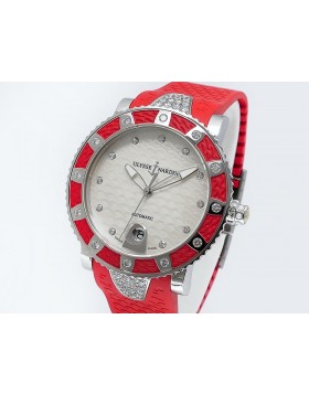Ulysse Nardin Lady Diver Red Bezel w/Diamonds 8103 101E 3C/10.16 Stainless Steel Mother of Pearl dial 40mm $12,400