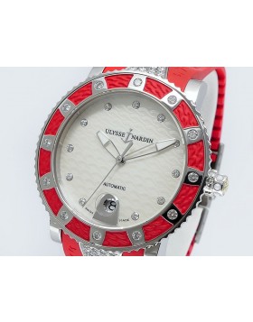 Ulysse Nardin Lady Diver Red Bezel w/Diamonds 8103 101E 3C/10.16 Stainless Steel Mother of Pearl dial 40mm $12,400